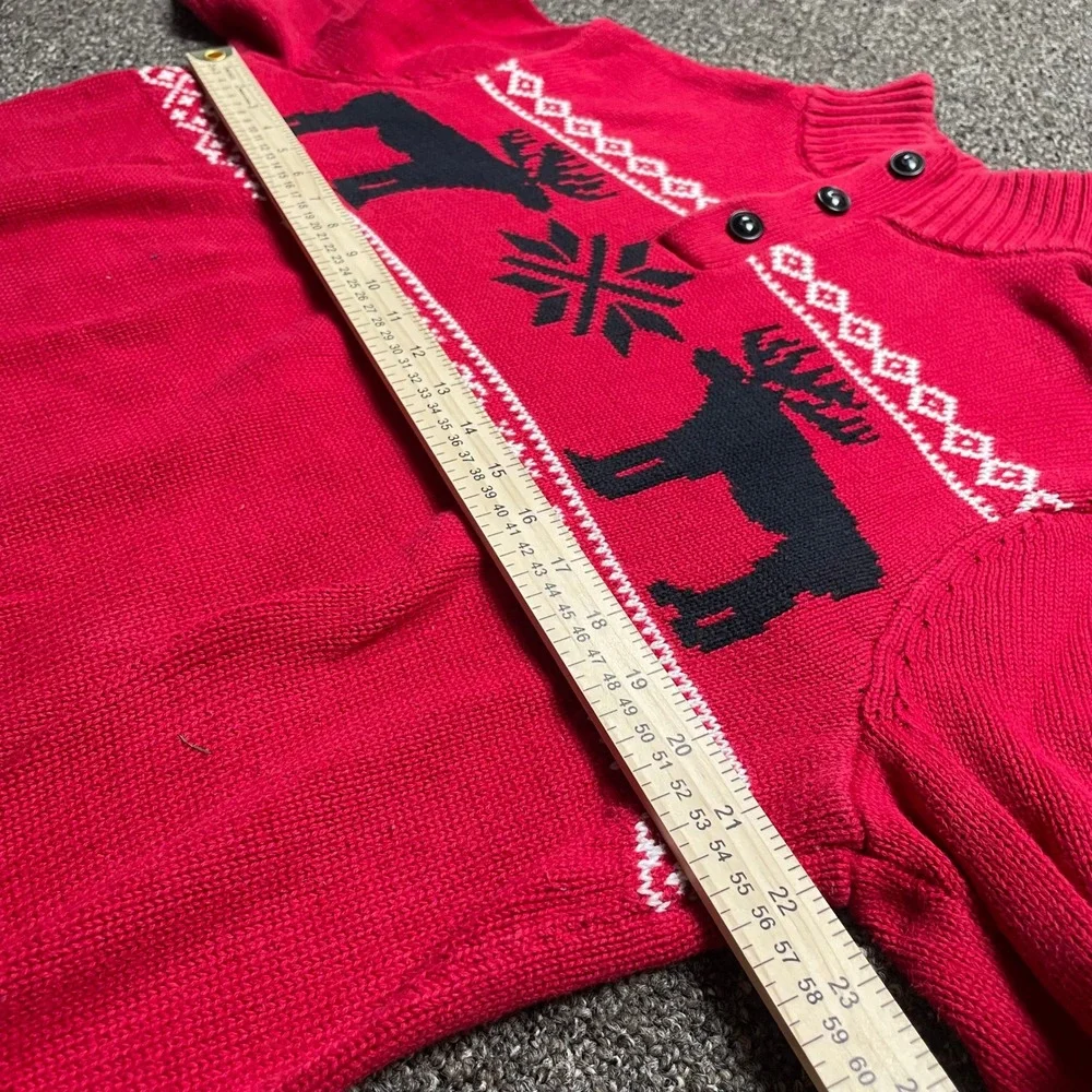 Chaps Mens Red Fair Isle Moose Snowflake Quarter Button Mock Neck Sweater L